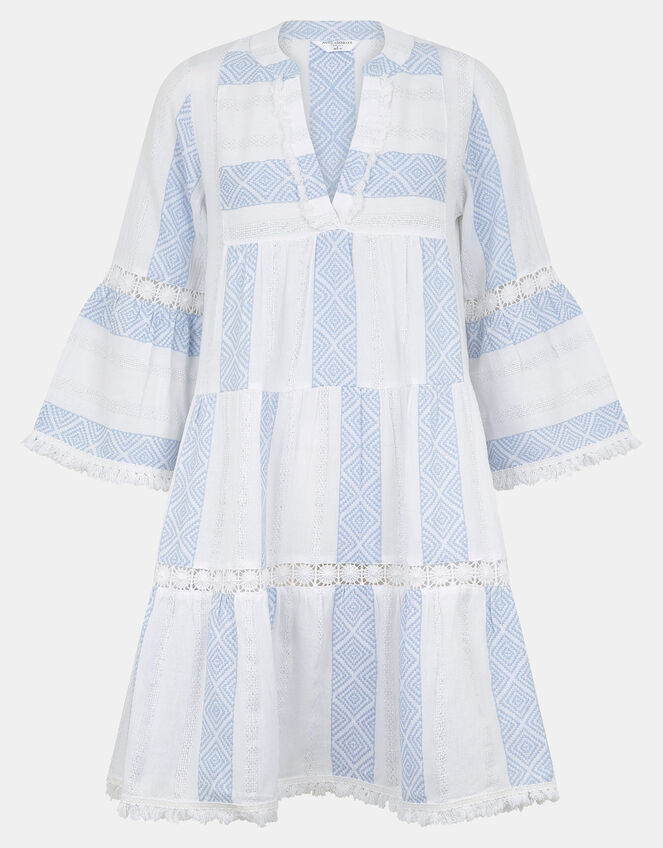 Jacquard Flute-Sleeve Mini Dress, Ivory (IVORY), large