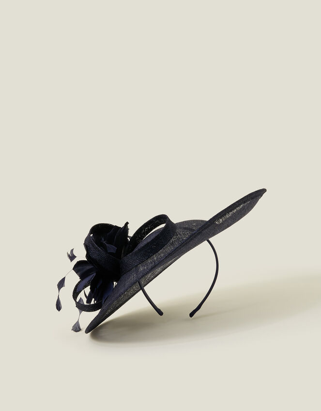 Large Disc Feather Corsage Fascinator, Blue (NAVY), large