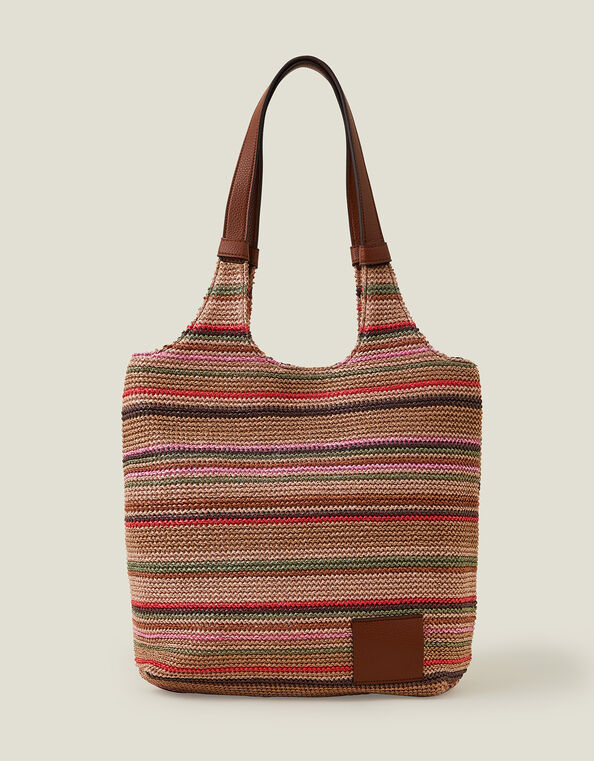 Stripe Raffia Shoulder Bag, , large