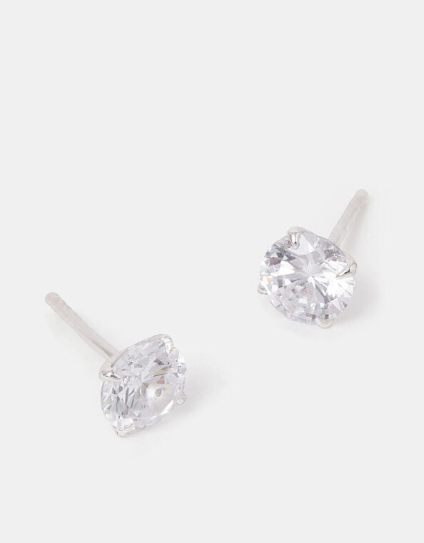 Sterling Silver Round Diamante Stud Earrings, , large