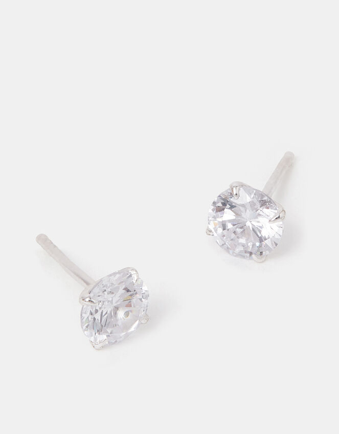 Sterling Silver Round Diamante Stud Earrings, , large