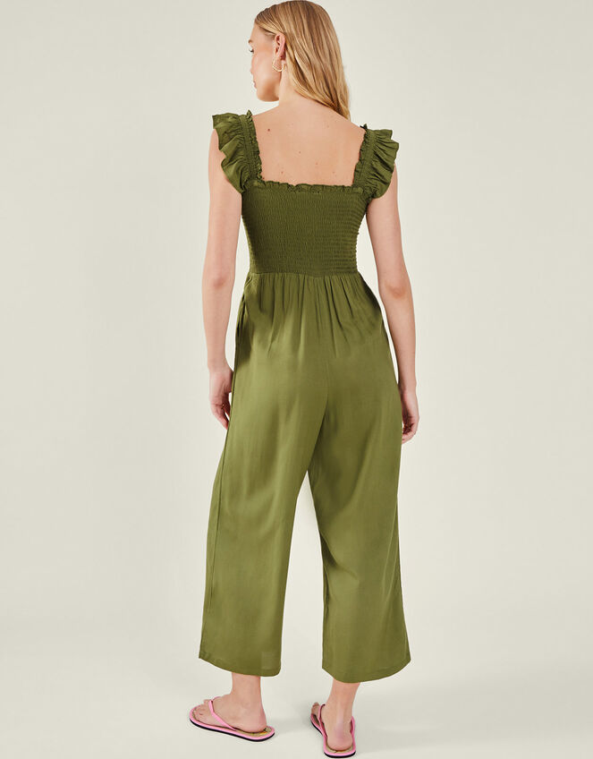 Frill Shoulder Jumpsuit, Green (KHAKI), large