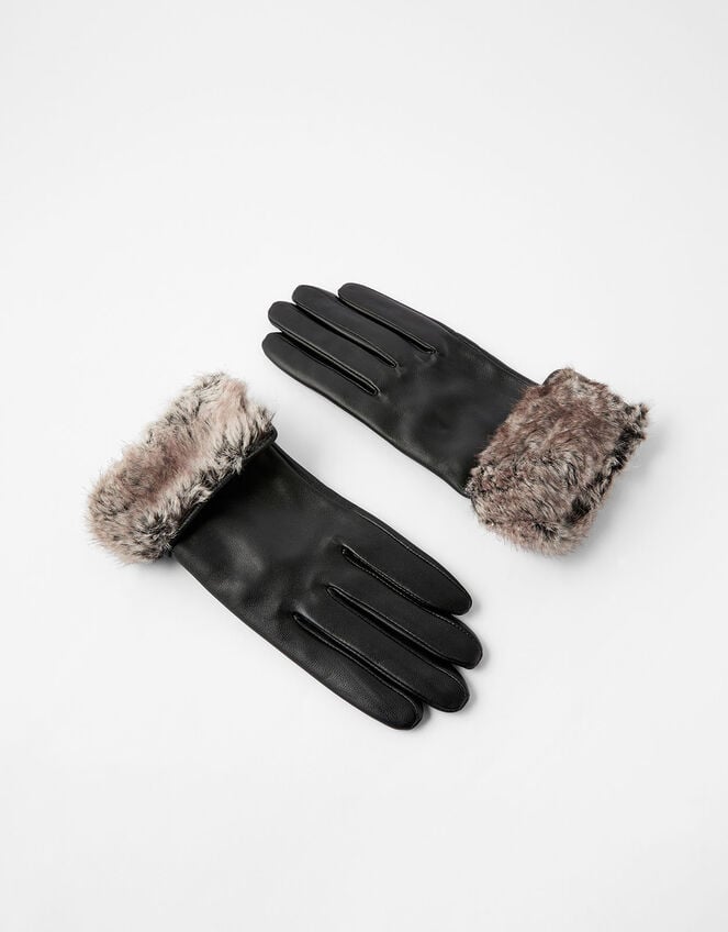 Leather and Faux Fur Gloves, Black (BLACK), large