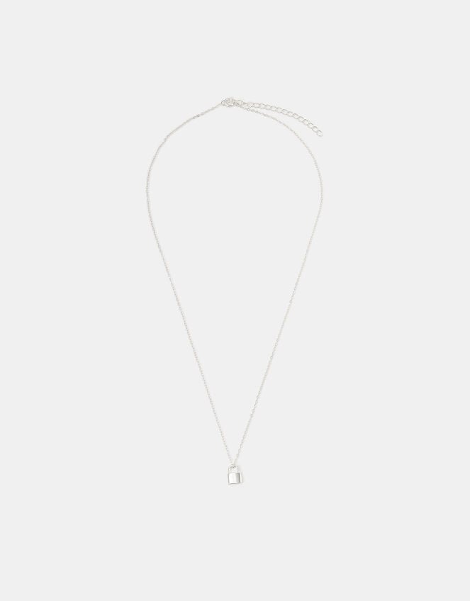 Sterling Silver Lock Pendant Necklace, , large