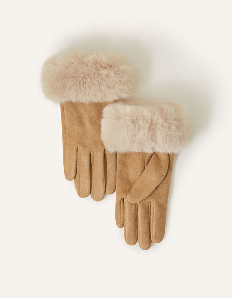 Suedette Faux Fur Cuff Gloves, Natural (NATURAL), large