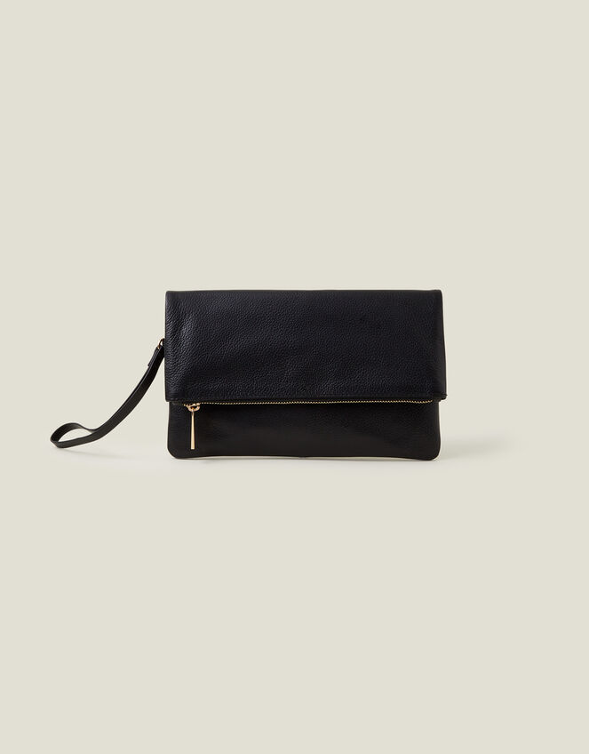 Leather Fold-Over Clutch Bag, Black (BLACK), large