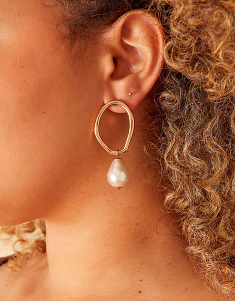 Oversized Circle Pearl Drop Earrings, , large