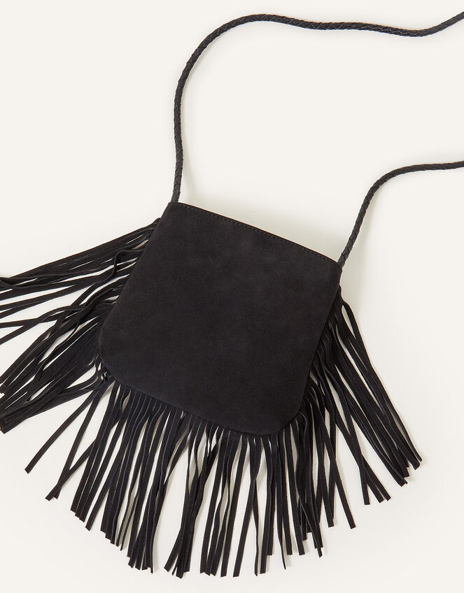 Leather Fringe Cross-Body Bag, Black (BLACK), large
