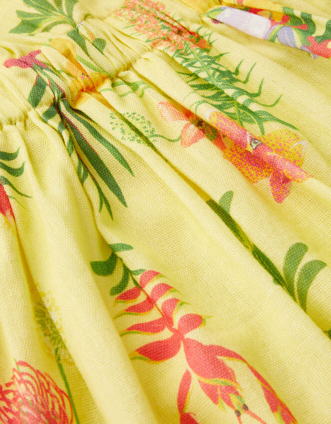 Girls Yellow Floral Printed Cotton Dress with Olive Denim Jacket
