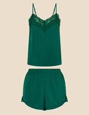 Satin Lace Trim Vest Pyjama Set, Teal (TEAL), large