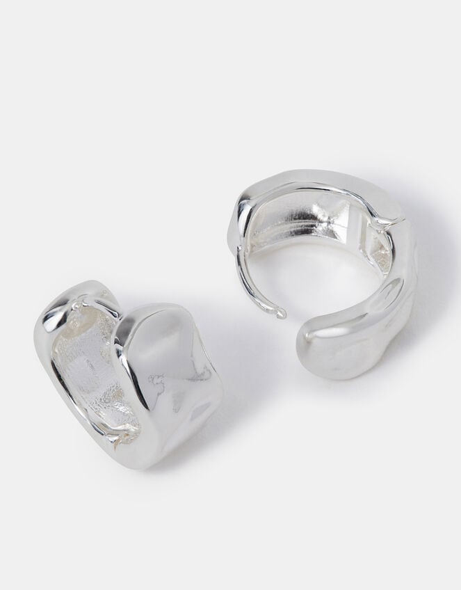 Sterling Silver-Plated Molten Huggie Hoop Earrings, , large