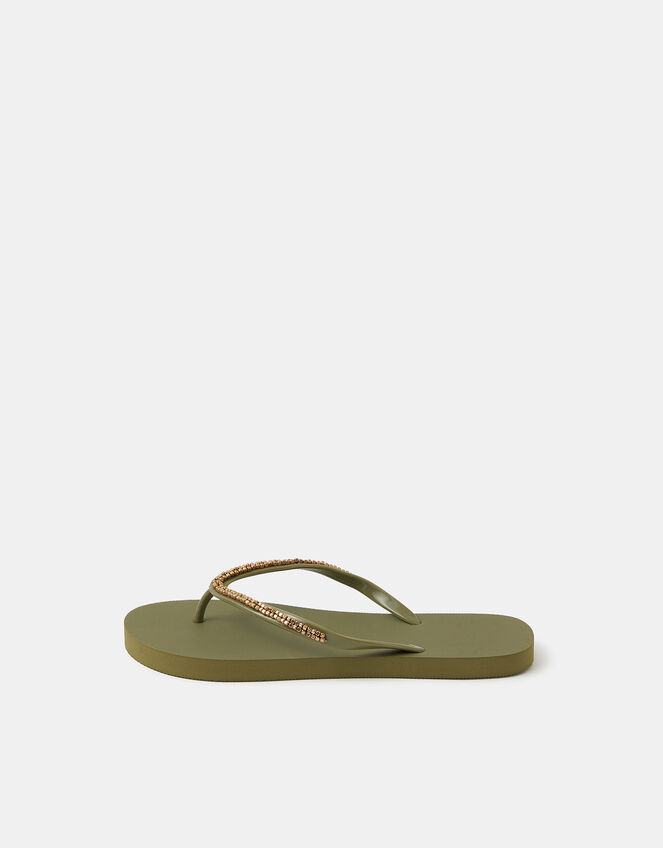 Bead Embellished EVA Flip Flips, Green (KHAKI), large