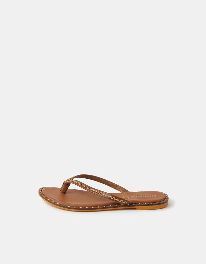 Stud Leather Flip Flops, Tan (TAN), large