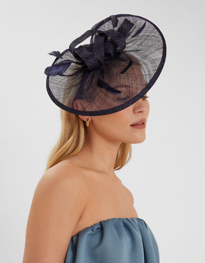 Large Woven Bow Disc Fascinator, Blue (NAVY), large