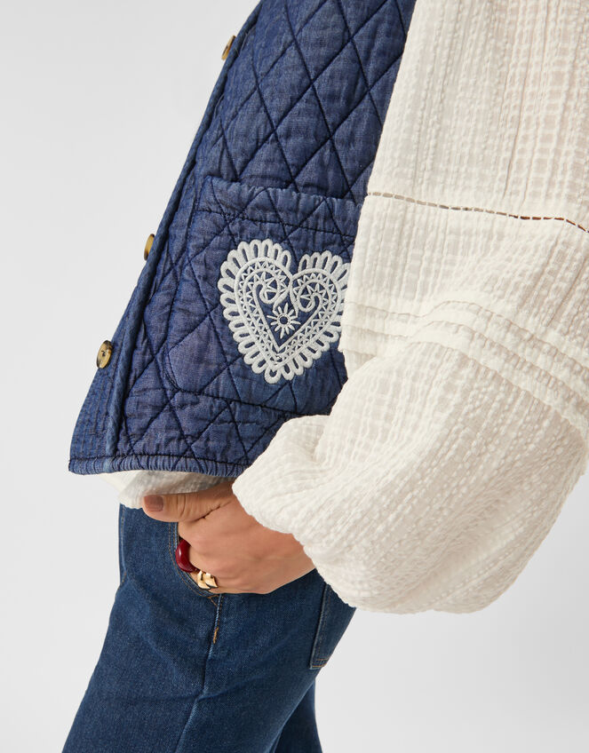 Heart Quilted Denim Waistcoat, DENIM, large