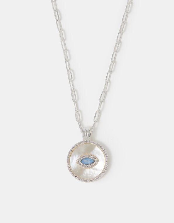 Sterling Silver-Plated Evil Eye Pendant Necklace, , large