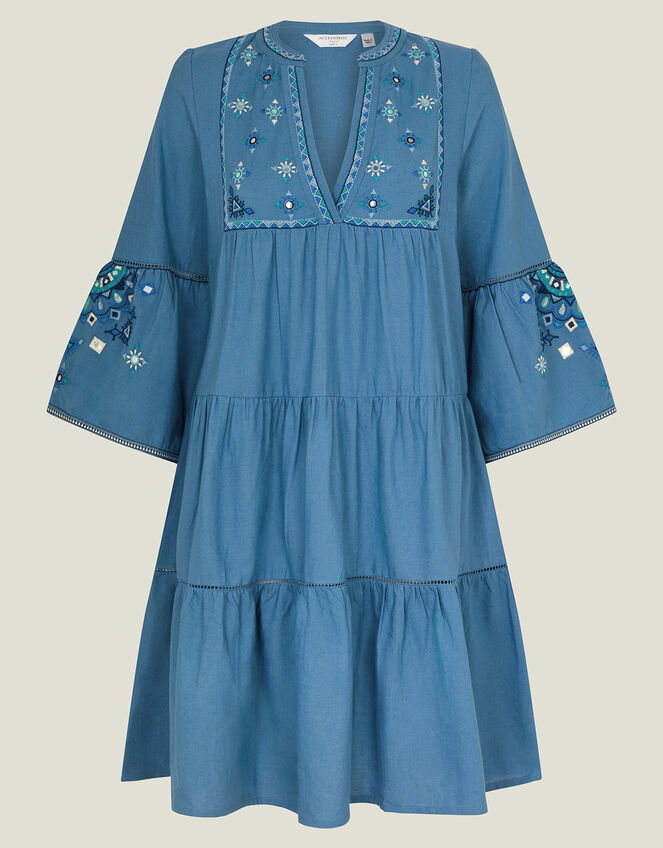 Embellished Mirror Flute Sleeve Dress, Blue (BLUE), large