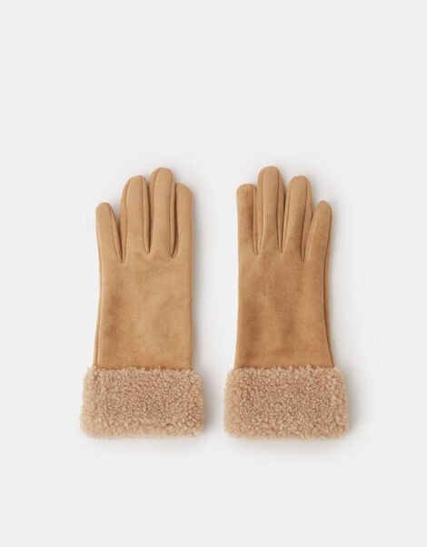 Faux Shearling Cuff Gloves, Tan (TAN), large