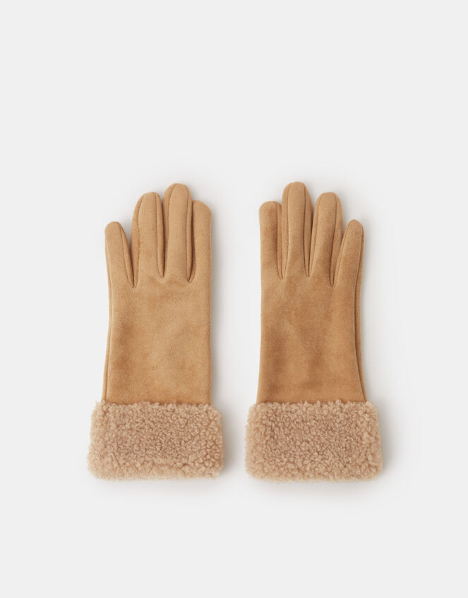 Faux Shearling Cuff Gloves, Tan (TAN), large