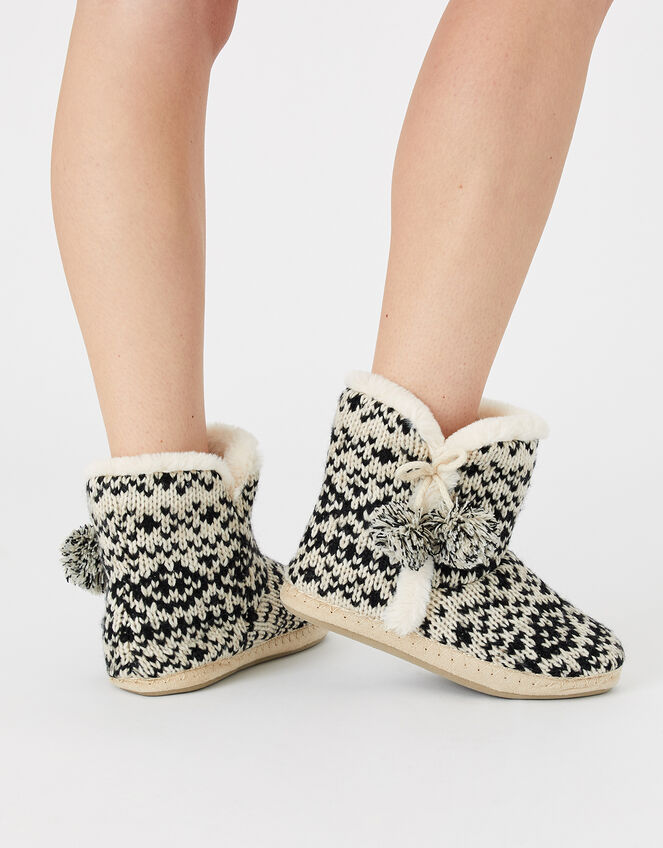 Fair Isle Knitted Slipper Boots, Black (BLACK/WHITE), large