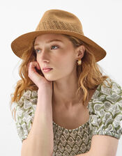 Woven Packable Fedora Hat, Tan (TAN), large