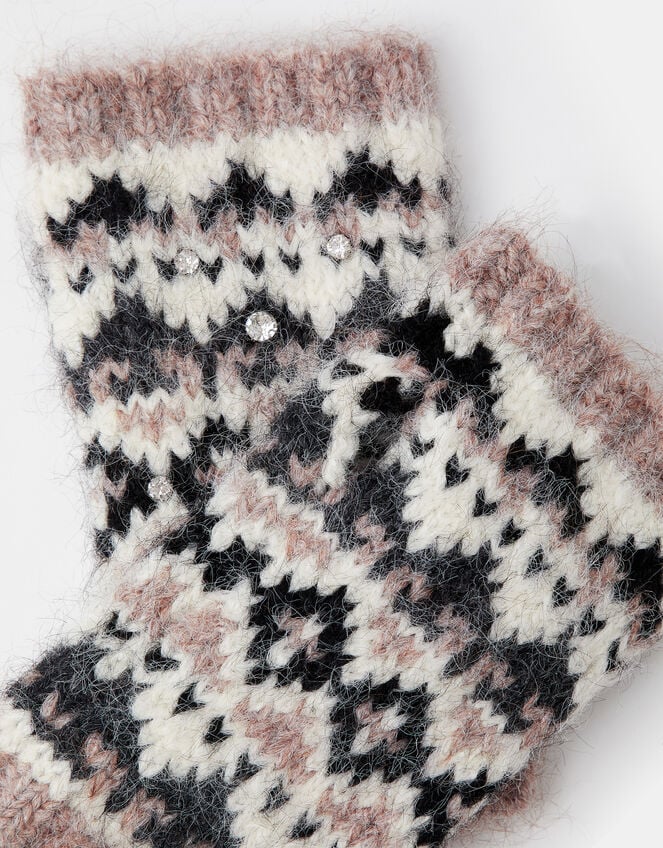 Embellished Fair Isle Fingerless Gloves, , large