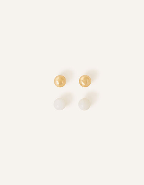 14ct Gold-Plated Pearl and Plain Stud Earrings Set of Two, , large