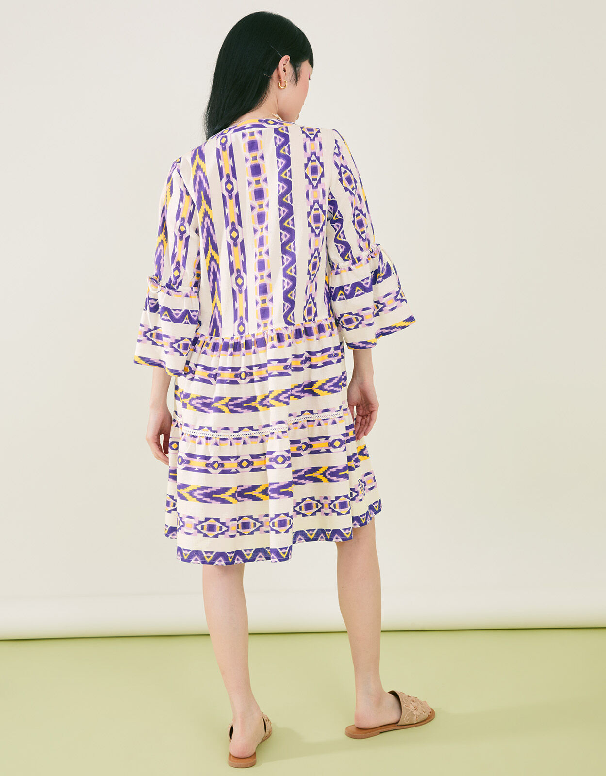 Printed Jacquard Flute Sleeve Dress Yellow
