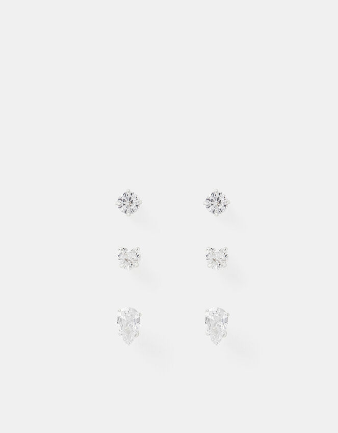 3-Pack Sterling Silver Diamanté Stud Earrings, , large