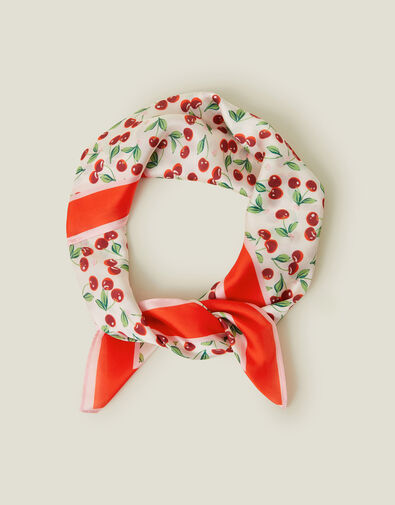 Square Cherry Print Satin Scarf, , large
