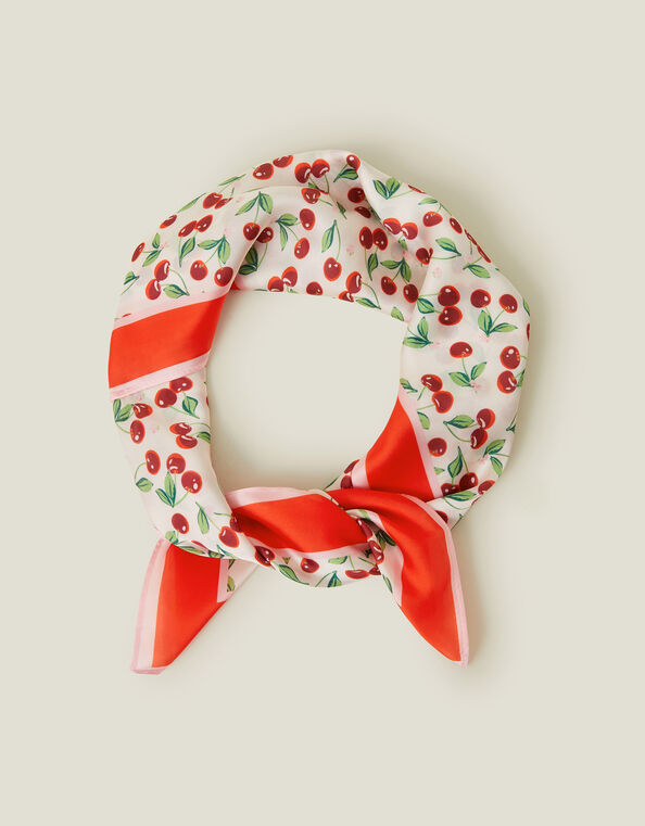 Square Cherry Print Satin Scarf, , large