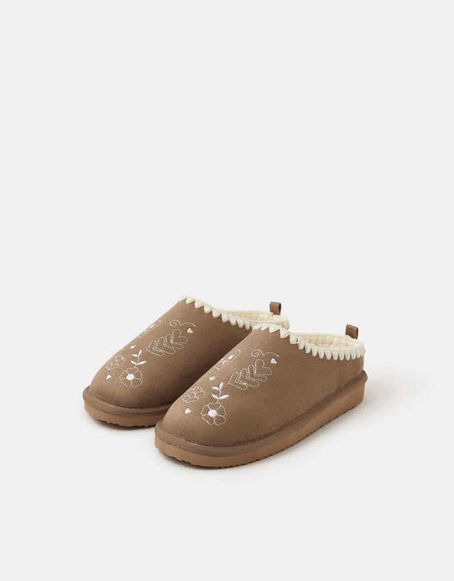 Heart Embroidered Mule Slippers, Brown (BROWN), large
