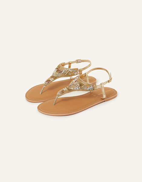 Bead and Sequin Embellished Toe Post Sandals, Gold (GOLD), large