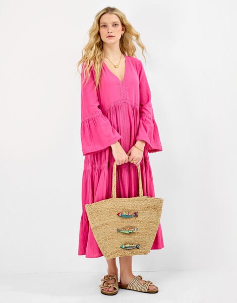 Beaded Fish Woven Basket Bag, , large