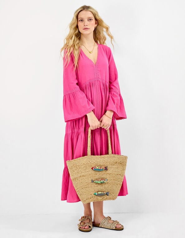 Beaded Fish Woven Basket Bag, , large