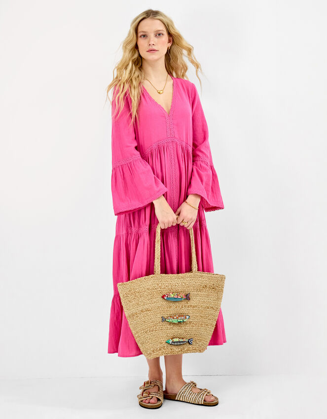 Beaded Fish Woven Basket Bag, , large