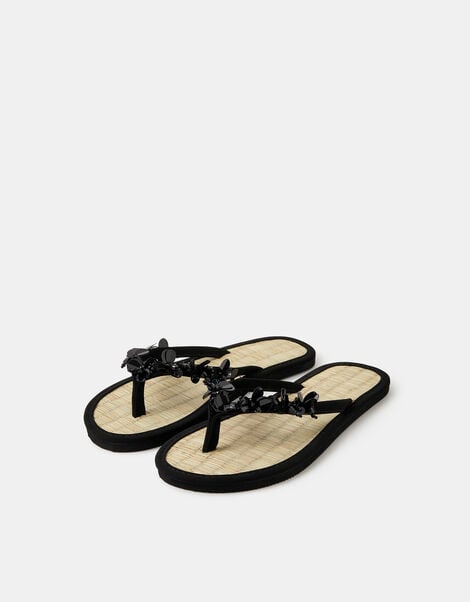 Sequin Embellished Seagrass Flip Flops, Black (BLACK), large