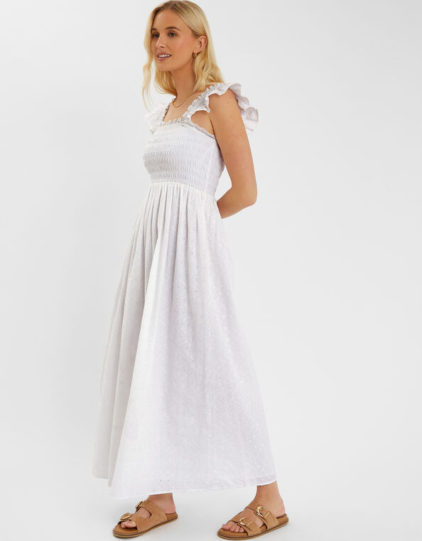 Sleeveless Smocked Broderie Sundress, White (WHITE), large