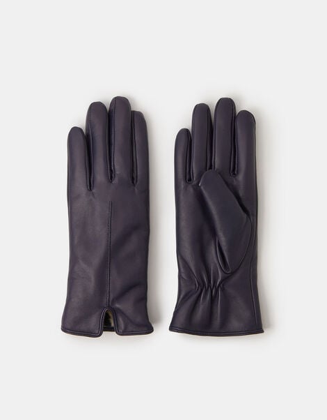 Faux Fur Lined Leather Gloves, Blue (NAVY), large