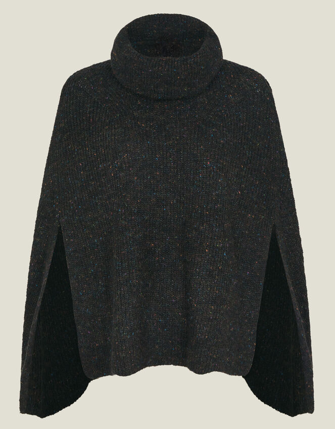 Roll Neck Knit Poncho, Black (BLACK), large