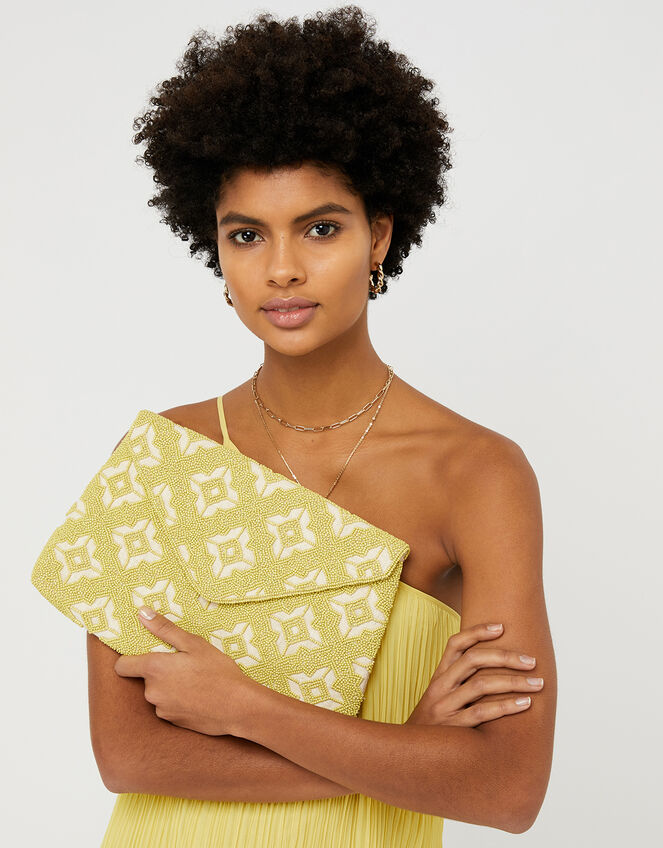 Beaded Oversized Envelope Clutch Bag, Green (LIME), large