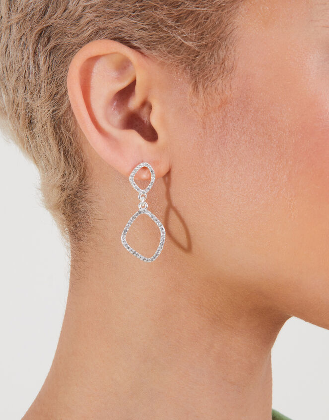 Pave Organic Oval Short Drop Earrings, Silver (SILVER), large