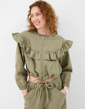 Ruffle Denim Jacket, Green (KHAKI), large