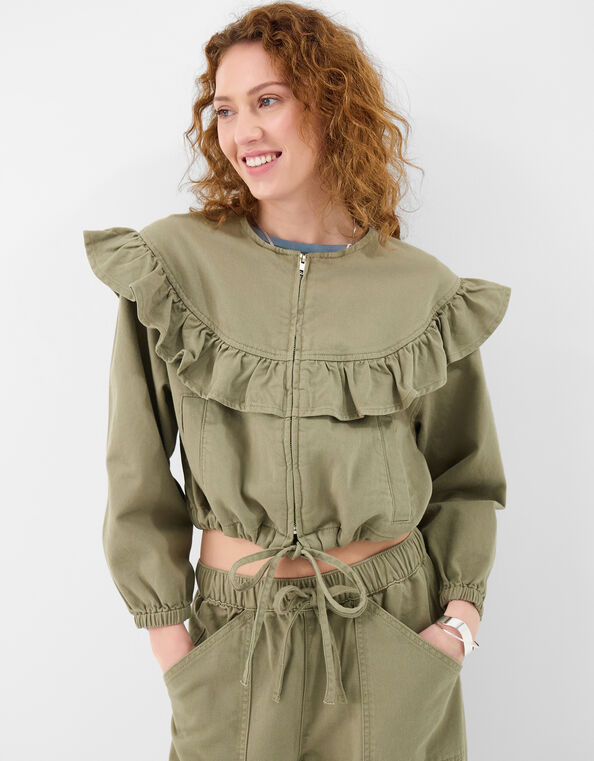 Ruffle Denim Jacket, Green (KHAKI), large