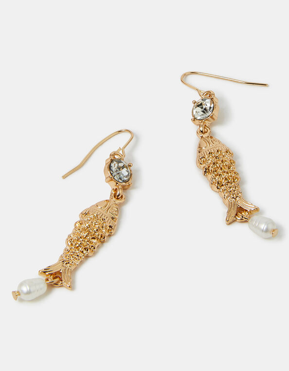 Pearl Fish Drop Earrings Gold, , large