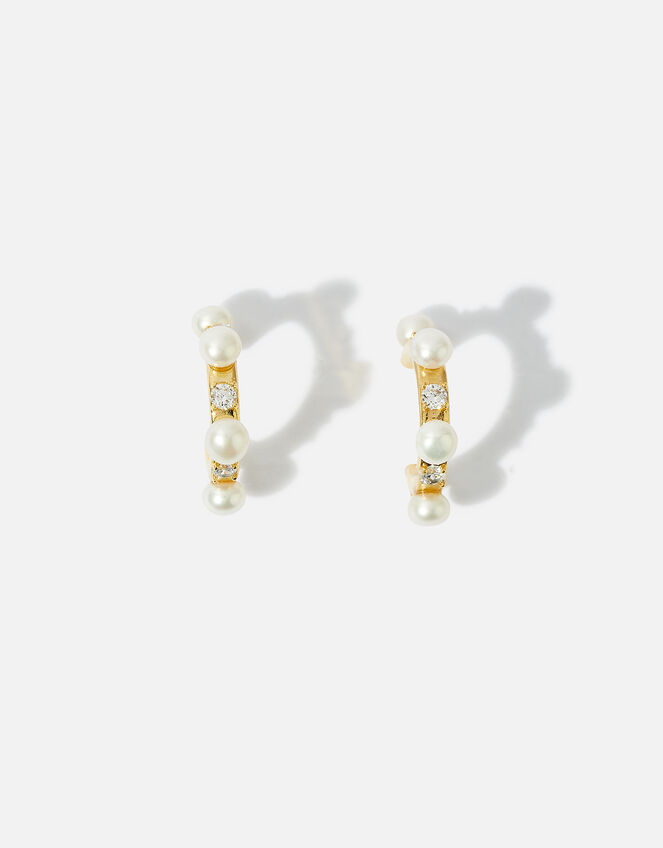 14ct Gold-Plated Pearl Station Hoop Earrings, , large