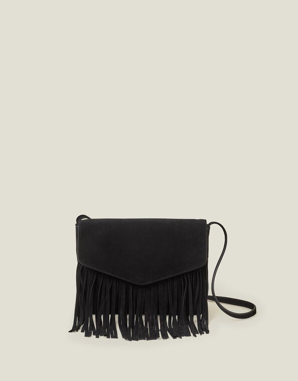 Leather Fringe Cross-Body Bag, Black (BLACK), large