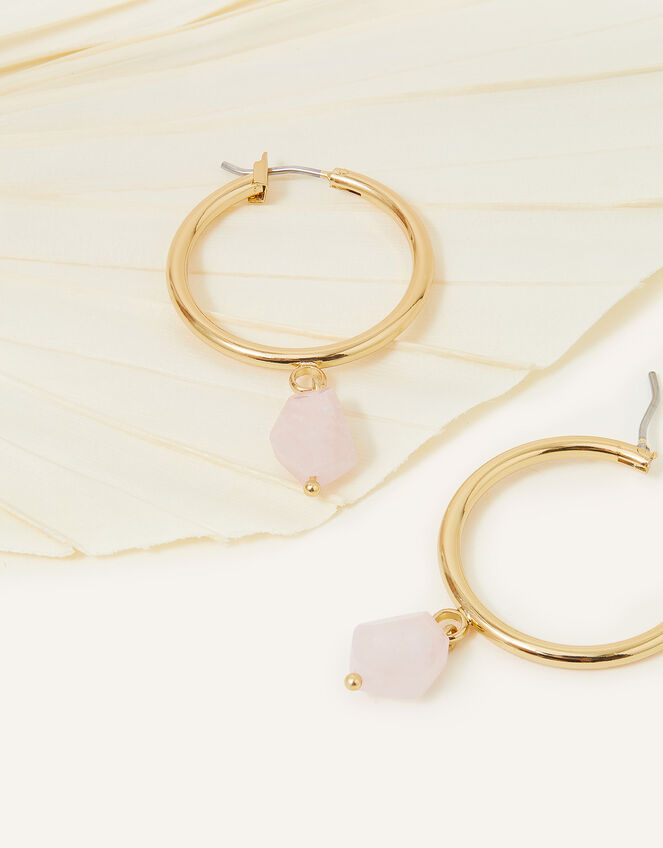 14ct Gold-Plated Rose Quartz Large Hoops, , large