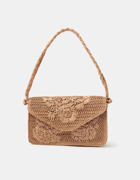Floral Raffia Shoulder Bag, , large