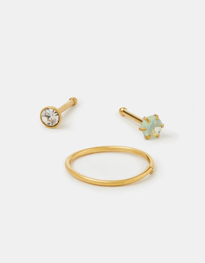 3-Pack 14ct Gold-Plated Surgical Steel Nose Ring & Studs, , large